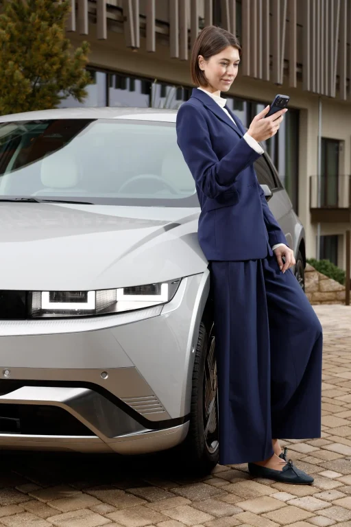 Geschäftsfrau am Auto mit Smartphone