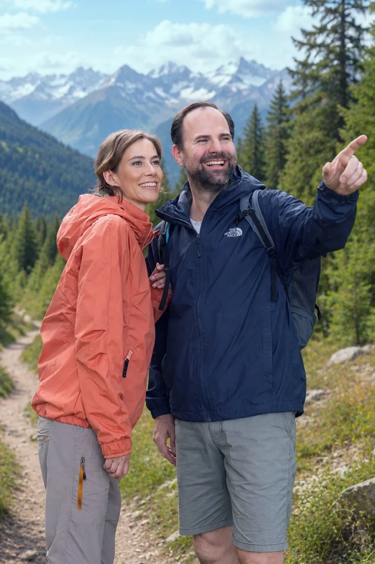 Wanderpaar zeigt auf Bergpanorama in den Alpen
