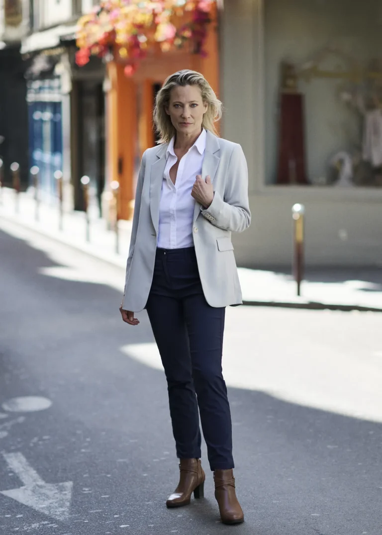 Elegant gekleidete Frau geht durch eine Stadtstraße
