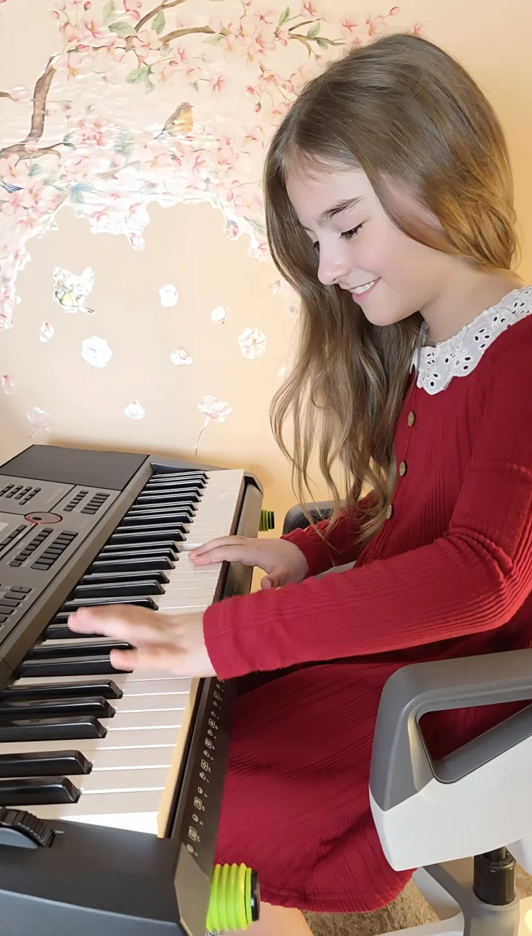 Mädchen spielt lächelnd Keyboard vor Blumenwand
