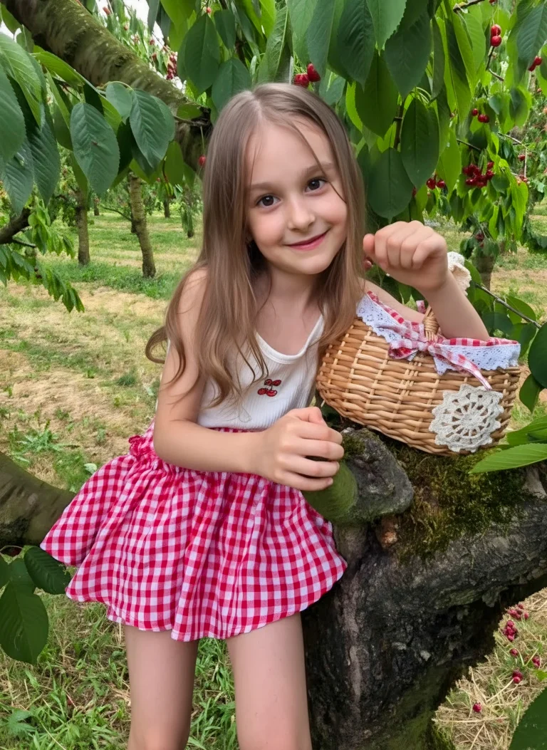 Mädchen mit Korb unter Kirschbaum im Obstgarten
