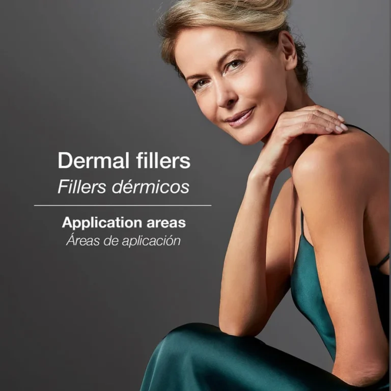 Reife Frau im grünen Kleid, Werbung für Dermalfiller
