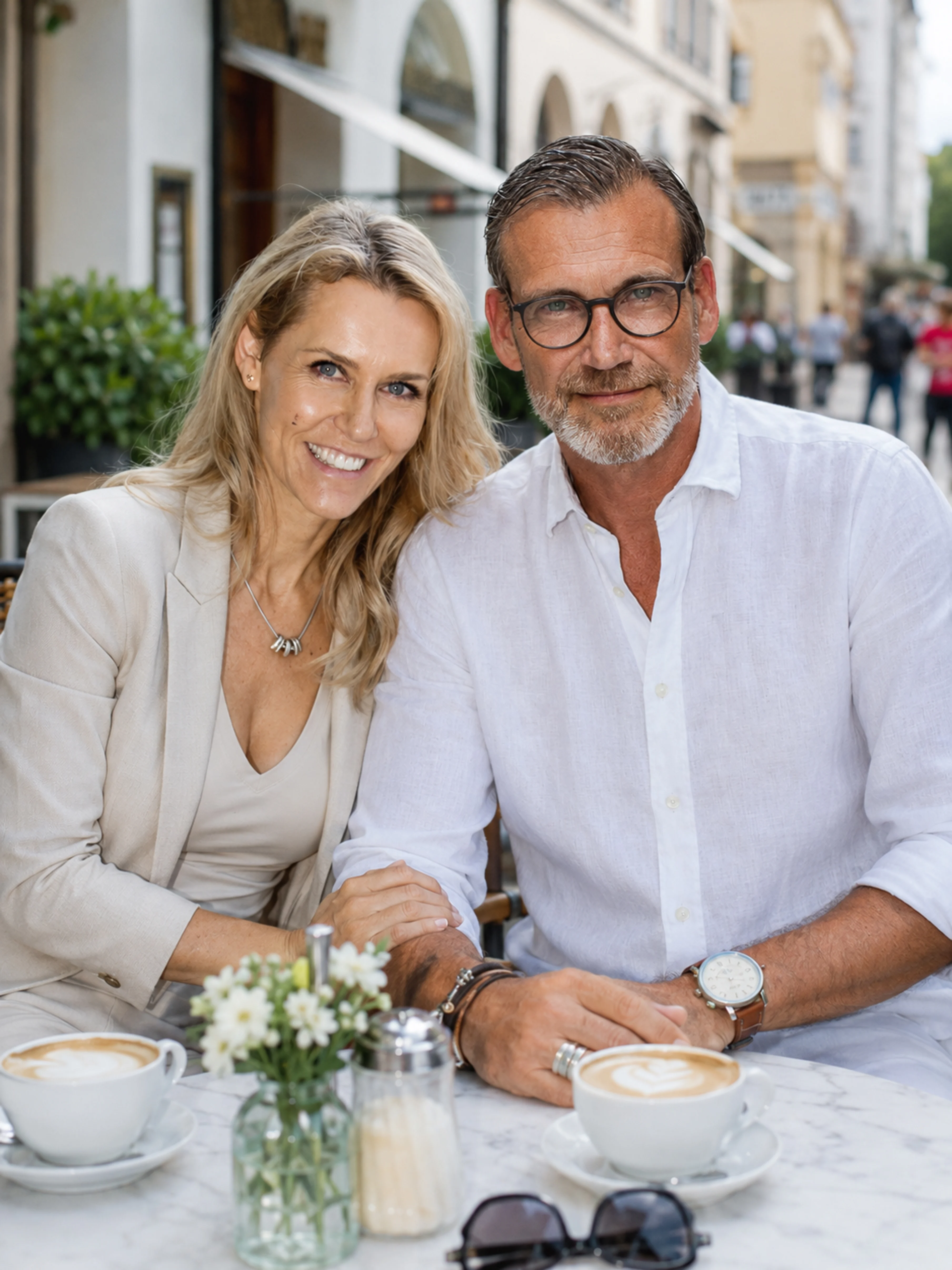 Lächelndes Paar im Straßencafé mit Kaffee