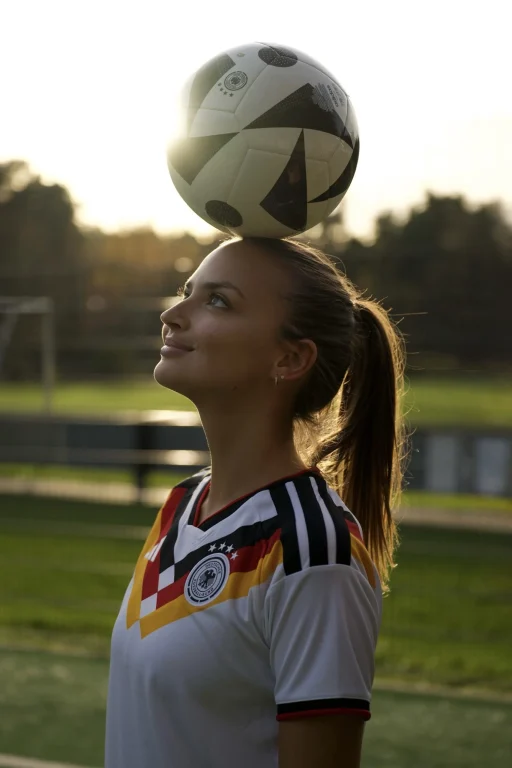 Fußballerin balanciert Ball im Deutschlandtrikot bei Sonnenuntergang