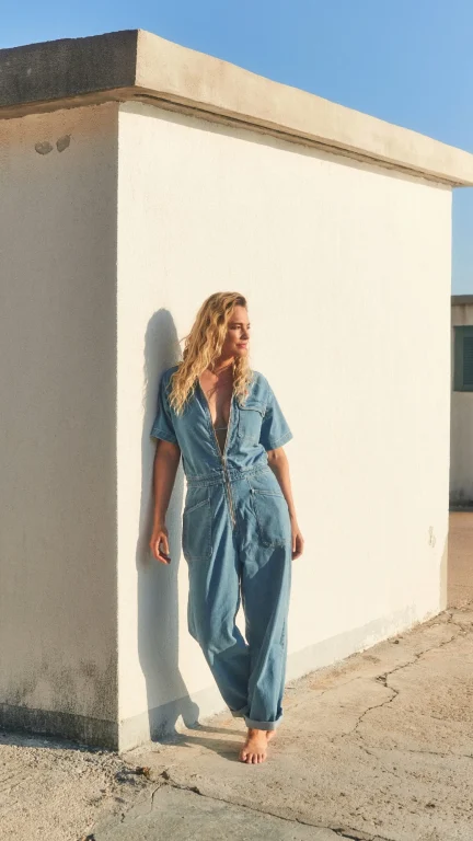 Barfüßige Frau im Jeansoverall an weißer Hauswand